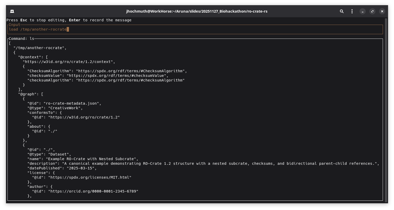 CLI displays full loaded RO-Crate JSON-LD content
