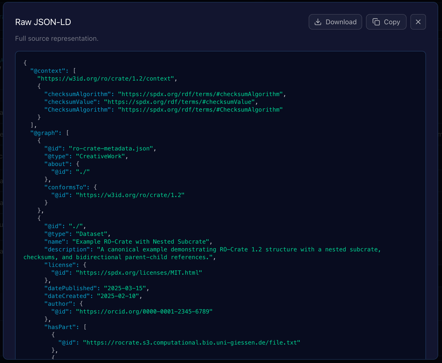 Raw JSON-LD Source Overlay and Export Actions